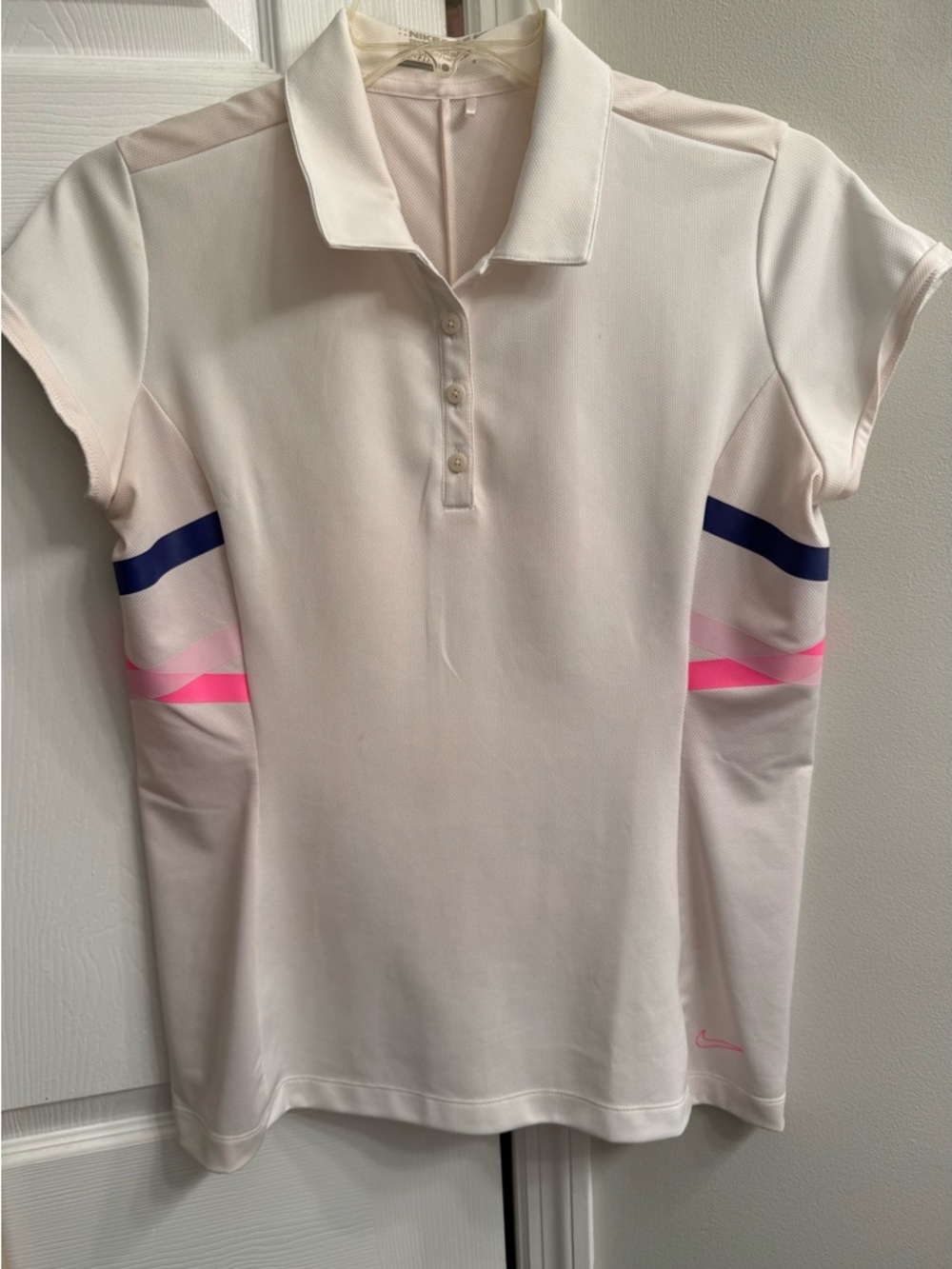 Nike Women's White Short Sleeve Polo with Pink & Navy Stripes